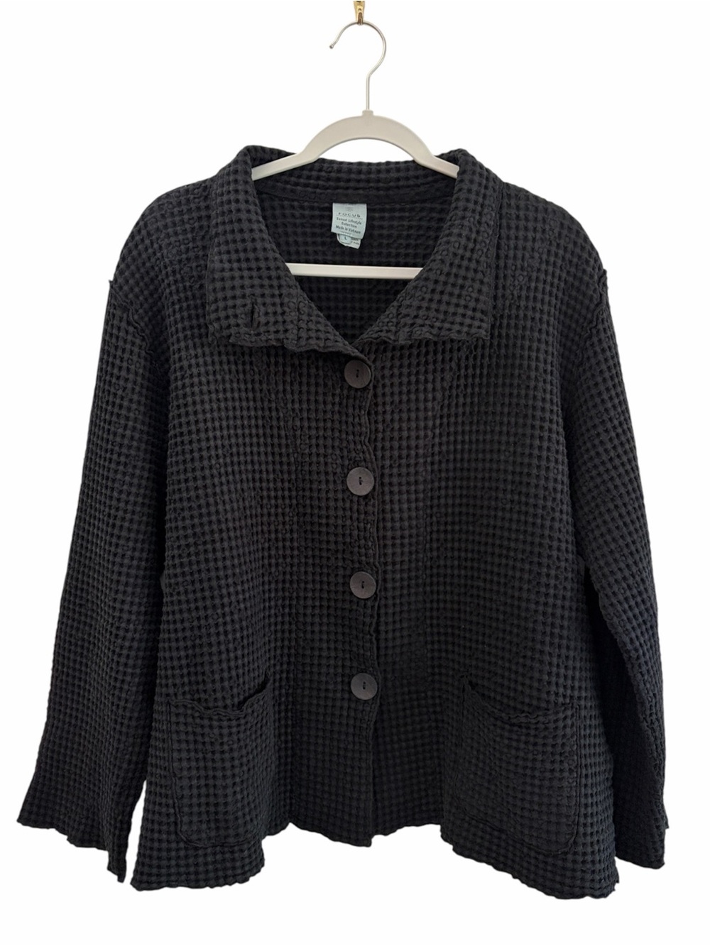 Focus 100% Preshrunk Cotton Black Waffle-Knit Button Front Jacket Size L Minimal